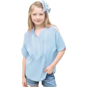 Curipeer Girl Shirt Summer V Neck Loose Short Sleeve Off Shoulder Blouse Tops Blue 10-11 T