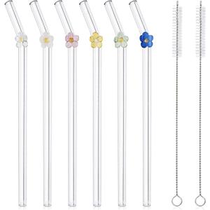 6 Pcs Reusable Glass Straws with 2 Cleaning Brushes, Cute Colorful Flower Glass Straw Shatter Resistant, Reusable Straws Dishwasher Safe for Smoothies, Milkshakes, Juices, Teas (7.9''8MM)