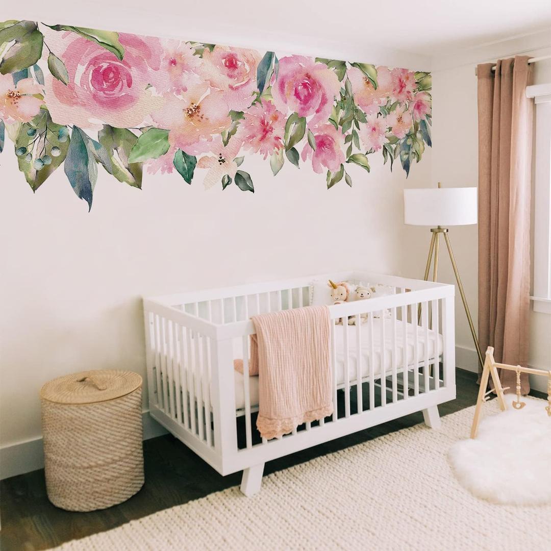 Flortlias Fabric Peel and Stick Floral Wall Decal, Self-Adhesive Peony Flowers Wallpaper, Rose Sticker for Living Room Bedroom Wall Decor (Blush Pink Rose Garden)