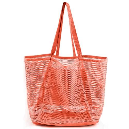 HOHOM Beach Bags for Women, Summer Travel Mesh Tote Bag with Large Inner Pocket, Sandproof Woven Shoulder Handbag Swim Pool Bag, Suit for Family Vacation Essentials