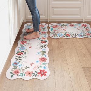 LEEVAN Kitchen Rug Set of 2, Washable Non Slip Floral Runner Rug, Soft Standing Mats Low-Profile Absorbent Laundry Mat Office Mat (Pink, 20''x31''+20''x47'')