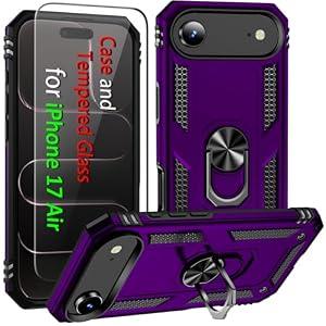 i Phone 17 Air Case, for iPhone 17 Air Case with Tempered Glass Screen Protector, Adjustable Kickstand Ring, Military-Grade Heavy Duty Protection, Shockproof, Anti-Fingerprint, Purple