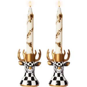WDS WONDROUS Christmas Candle Holders Reindeer Black White Set of 2  Deer Taper Candle Holders with Gold Antlers & Check Pattern, Holiday Candlestick Holders for Table Centerpiece, Mantel & Gift