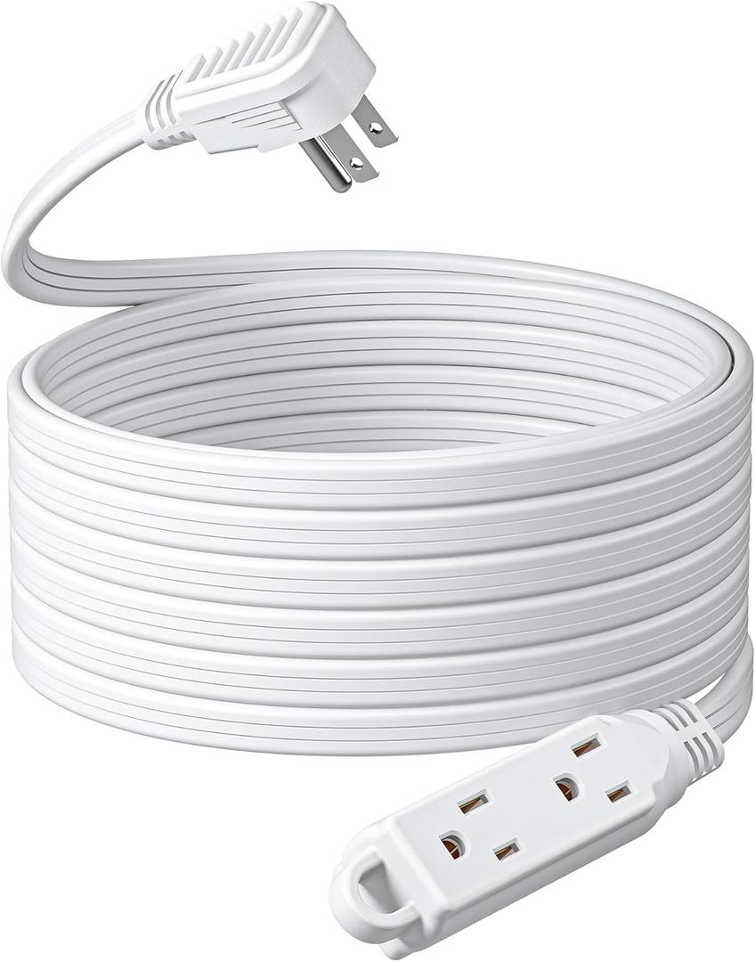 DEWENWILS 3 Outlet Extension Cord with Flat Plug, 25 FT 16/3 Awg Grounded Power Cable for Indoor Use, SPT-3 Cord, White, ETL Listed, 1 Pack