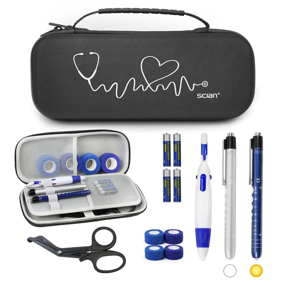 13 Pcs Stethoscope Case Sets Medical Supplies Include Stethoscope Case, Medical Scissors, 2 Penlights with Batteries, Bandage Wraps for Nursing School Tool Kits, Black New