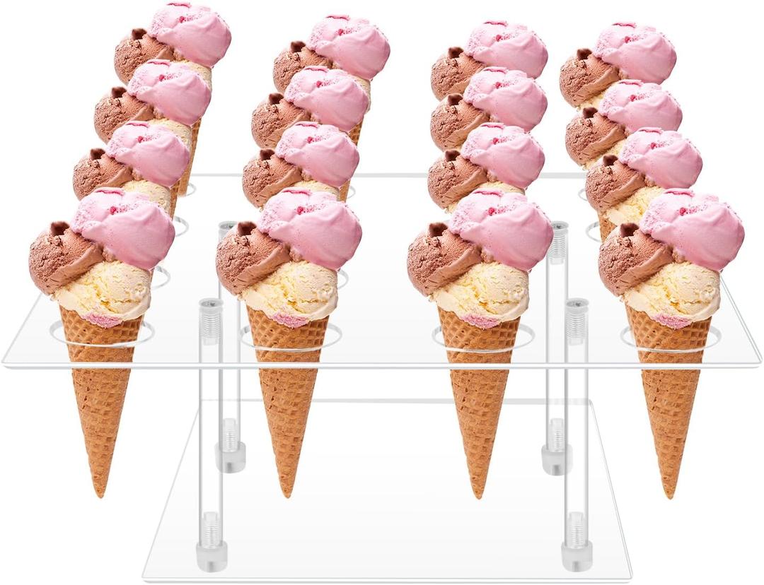 Acrylic Ice Cream Cone Cupcake Stand with 16 Holes - Great for Birthday Parties and Celebrations,Hole Diameter of 1.5 Inches