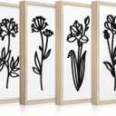 White Floral Bathroom Wall Decor Set of 4, Wood-Framed 3D Gallery Wall Art, Rectangular