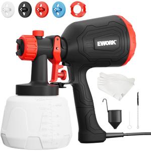 EWORK Paint Sprayer 1000W HVLP Electric Spray Paint Gun, 180 Din/s, Thinning-Free, 1400ml Capacity, 4 Nozzles & 3 Spray Patterns, Easy to Clean, for Home Interior Exterior, Furniture, Cabinets & Walls (black+red)