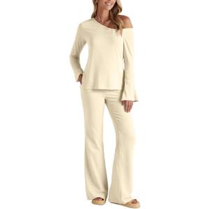 BWQ Sexy 2 Piece Outfits for Women Long Sleeve Wide Leg Pants Casual Lounge Matching Sets (Beige, XL)
