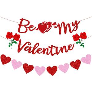 Pre-Strung Be My Valentine Banner, Glitter Valentines Day Bunting Sign Decorations with Red Pink Heart Garland for Indoor Home Wedding Engagement Anniversary Valentine Party Photo Backdrop Decor