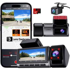 Dash Cam Front and Rear, 4K/2.5k Full HD 3 Channel Dash Camera for Car, Included 32G Card Dashcam, Built-in WiFi GPS, App Control, 3.18 IPS Screen, Night Vision, Wide Angle, WDR, 24H Parking Mode