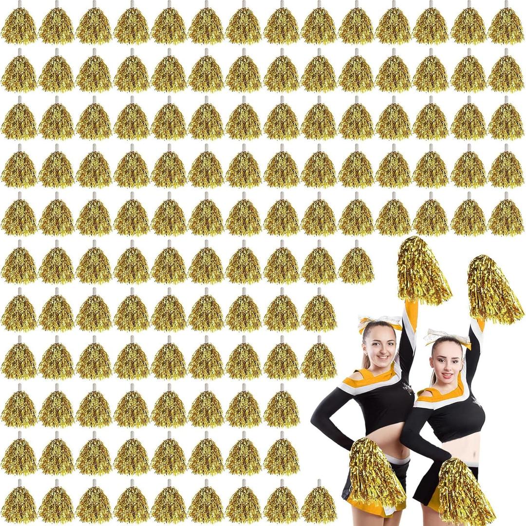Leyndo 150 Pcs Pompoms Cheerleading Bulk Gold Metallic Foil Pom Poms with Baton Handle Cheerleader Pompoms for Sports Game Squads Dancing Party Football Basketball