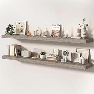 KovaScape Floating Shelves for Wall, 72 Inch x 8 Inch Deep Wall Mounted Wood Shelf with Invisible Brackets for Storage & Display, Living Room Bedroom Kitchen, Gray, Set of 2