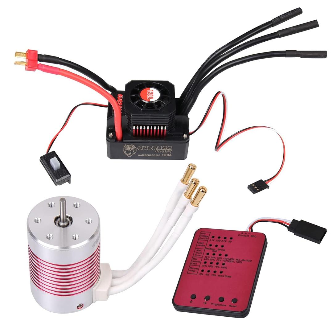 RC Car 1:10 Scale 3650 5200KV Brushless Motor & 120A ESC & Programming Card PI65 Waterproof Motor & Electronic Speed Controller Combo Set for Most of 1/10 RC Car Truck On-Road Car