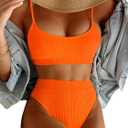 Lilosy High Waisted Tummy Control Ribbed Bikini Crop Top Brazilian Swimsuit Set 2 Piece (Large, Bright Orange)