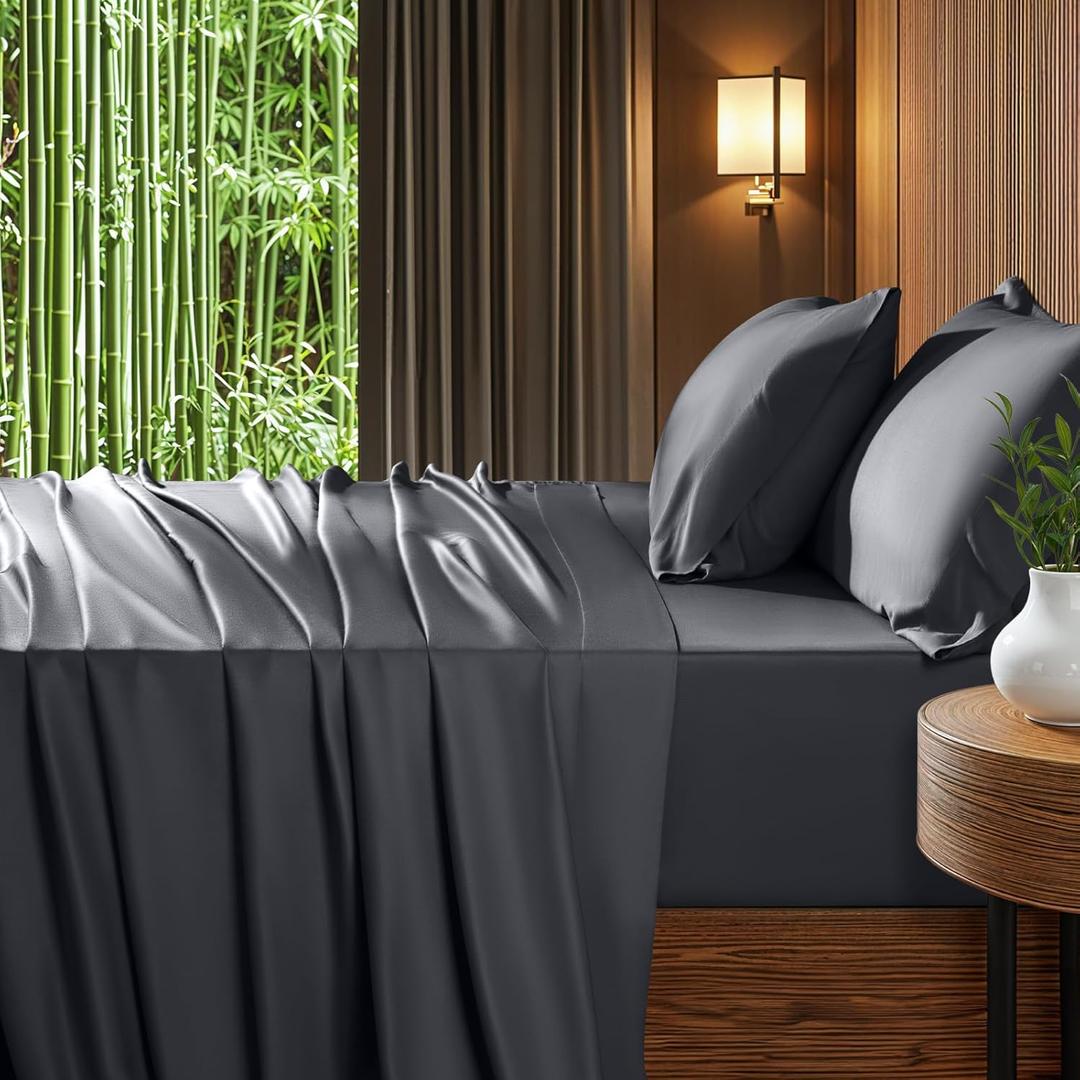 Shilucheng Extra Deep Pocket King Sheets, Blend Rayon Derived from Bamboo, Cooling & Breathable Bed Sheets Fits 18"-24" Thick Mattress, Hotel Silky Bedding Set, Dark Grey