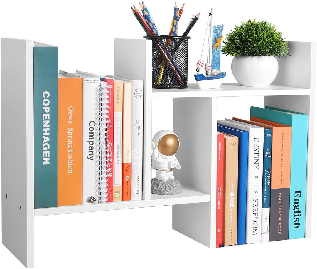 Desktop Shelf Organizer - Adjustable Wood Desktop Bookshelf, Table Top Shelves, Desk Book Organizer for Office Supplies and Home Dcor (White)