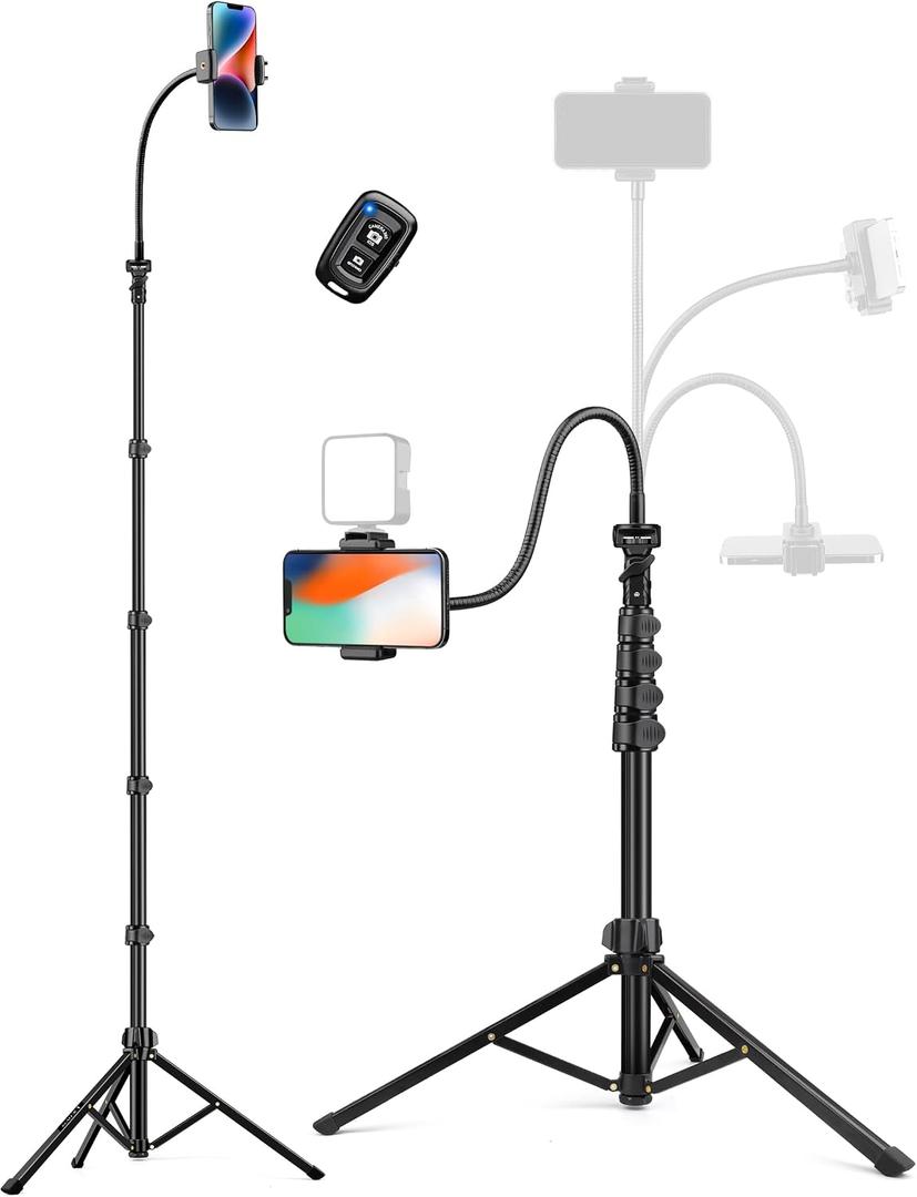Phone Tripod, 86" Tall Tripod for iPhone with Flexible Gooseneck & Remote, Portable Aluminum Cellphone Stand for Selfies, Video Recording,Travel, Compatible with iPhone Android