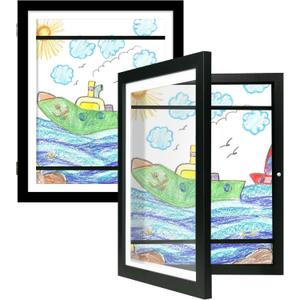Kids Art Frames 10x12.5 Set of 2 - Front Opening Childrens Picture Frame Changeable, Wood Artwork Display Storage for Wall Mount, Magnetic Door Holds 50 Art Pieces for Drawings, 3D Picture, Crafts, Portfolio, Black