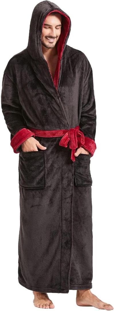 FashGudim Mens Robes Big and Tall with Hood Two-Tone Flannel Fleece Contrast Bathrobe Full Length Plush Long Robe House Coat, Size: X-Large-XX-Large Big Tall