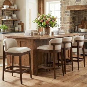 Christopher Knight Home Arden Indoor Wooden Counter Stool Set of 4, Upholstered Seat with Foam Cushion, Kitchen Bar Stools with Rubberwood Frame and Footrest for Dining Island, Beige + Walnut, 21.75 x 19.5 x 33