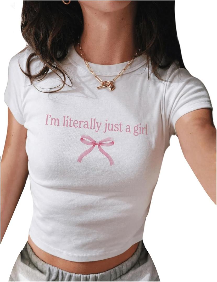 Women's Graphic Bow Short Sleeve Crewneck Crop Tops Slim Fit Y2K Cute T Shirts (White and Pink) XS