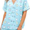 RUEWEY Women Easter Pajamas Set Bow/Rabbit Print Button T-Shirt and Elastic Shorts for Loungewear Soft Sleepwear (Large, Blue Base)