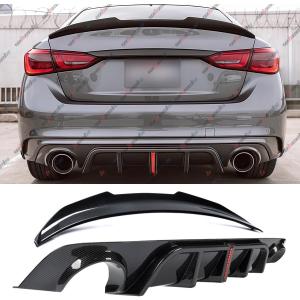 2018–2024 Compatible with Infiniti Q50, Rear Trunk Spoiler & Rear Bumper Diffuser with V2 LED Brake Light, PSM Duckbill Style, Carbon Fiber Pattern – WheelX