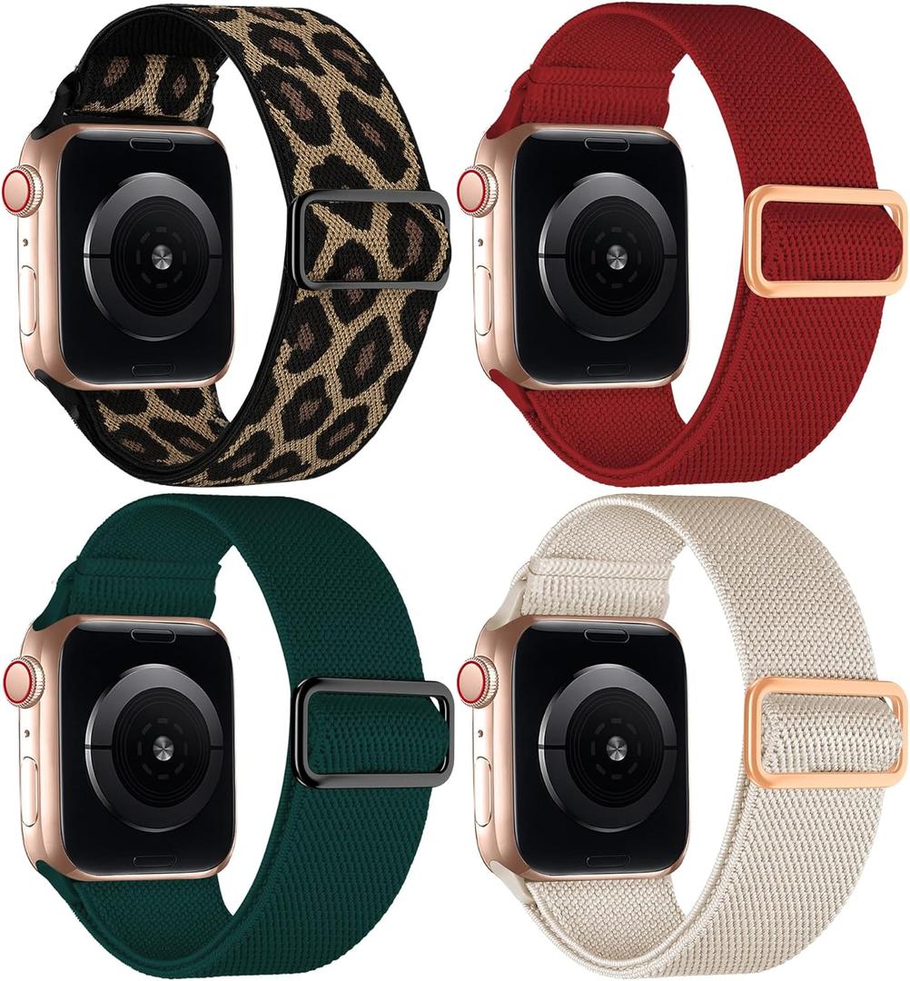 4 Pack Stretchy Solo Sport Band Compatible with Apple Watch Bands 40mm 44mm 45mm 46mm 42mm 41mm 49mm 38mm Women Men Nylon Elastic Loop Braided Strap for iWatch Series 11 10 9 8 7 6 5 4 Ultra SE 3 2 1 (Red/Apricot/DarkGreen/Leopard)