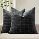 MIULEE Decorative Chenille Check Throw Pillow Covers Vintage Plaid Couch Pillows 20x20 Inch Set of 2 Neutral Boho Farmhouse Cushion Covers Modern Home Decor for Sofa Bed Living Room Black