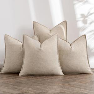 MIULEE Beige Linen Pillow Covers Pack of 4 Decorative Natural Solid Throw Pillow Covers Soft Accent Boho Farmhouse Couch Pillowcases Modern Spring Home Decors for Living Room Bed Sofa 24x24 Inch