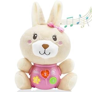 HAPTIME Baby Bunny Musical Toys, Newborn Girl Soft Plush Stuffed Animal, Infant Light Music Tummy Time Toy, 1st Birthday Baby Girl Shower Gift for 0 1 3 6 9 12 18 Month Toddler
