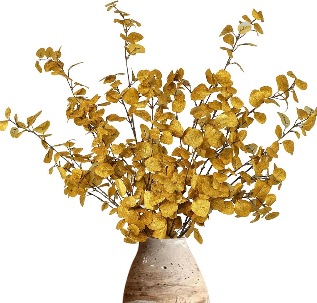 DuHouse 6 Pcs Gold Artificial Eucalyptus Stems,Faux Glitter Eucalyptus Branches for Christmas Wedding Holiday Centerpieces, Vase Filler, DIY Floral Arrangement, Home Decor
