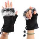 ITODA Suede Women Fingerless Gloves Faux Fur Warm Wrist Half Finger Driving Texting Winter Fuzzy Cold Weather Warmer Mitten (Black)