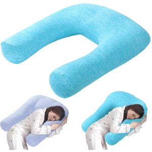 HOMBYS Cooling U Shaped Pillow for Neck, Contour Shoulder Pillow for Side Sleepers, Ergonomic Body Pillows for Adults, Hug Pillow with Washable Cover for Back, Shoulder Pressure Reduce (Light Blue)