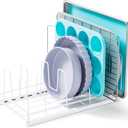 Food Container Lid Organizer, Adjustable 6 Dividers Full-Metal Pot and Pan Organizer Rack for Kitchen Cabinets, Drawers, Cupboards, Pantry Shelves Storage, White