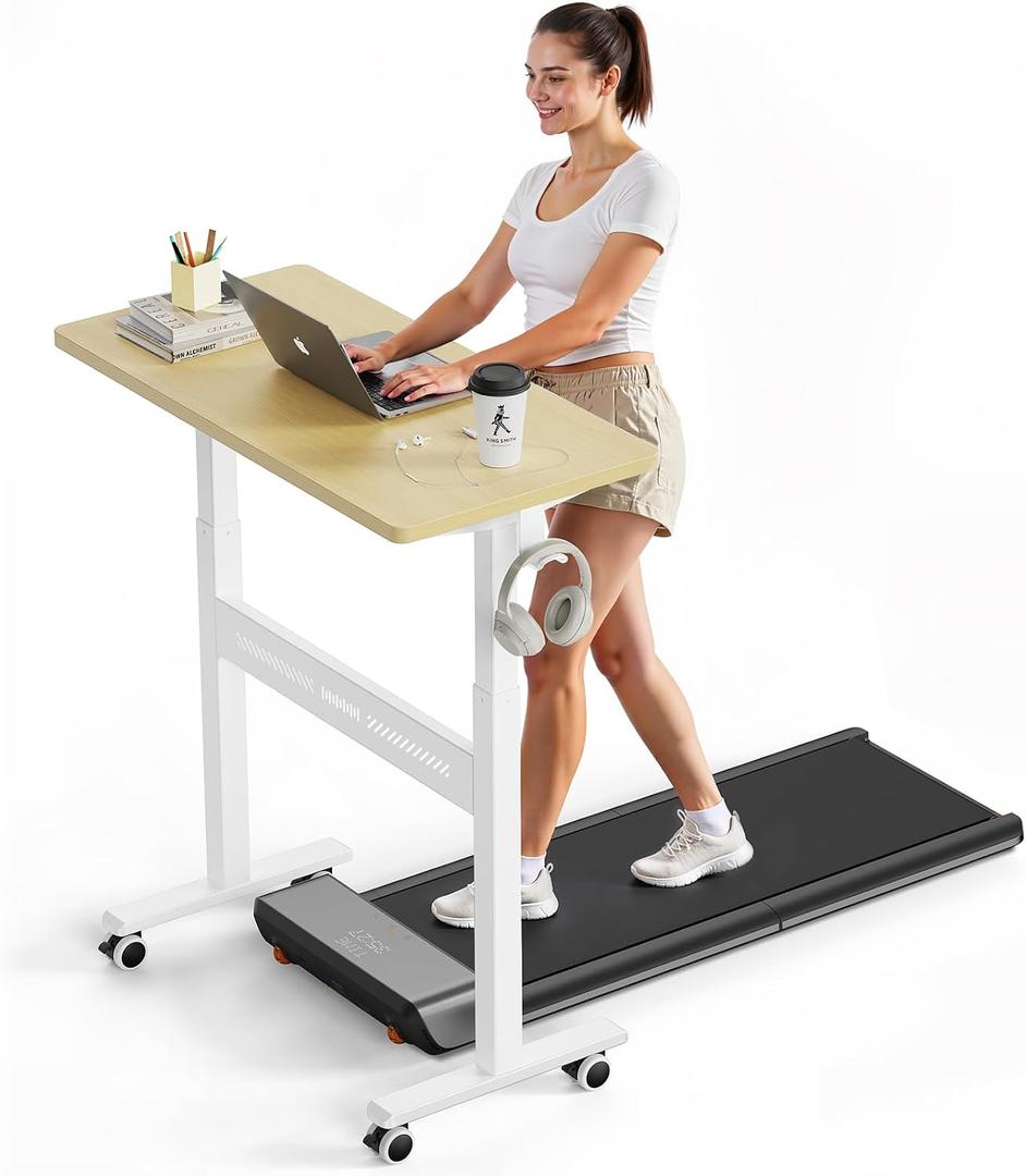 WALKINGDESK Mobile Walking Pad Desk with Wheels, Pneumatic Small Rolling Standing Desk Riser Height Adjustable (28-43.7") for Treadmill, Portable Computer Table for Home Office, Oak, 32x16 in