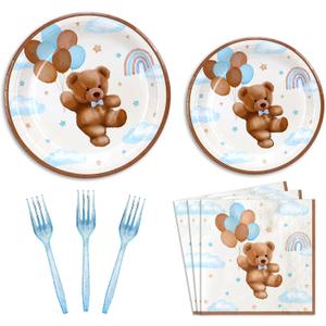 Teddy Bear Baby Shower Decorations Plates Set for 25,Boho Paper Plates Napkins Forks for Boy Brown Blue Tableware Birthday Party Supplies
