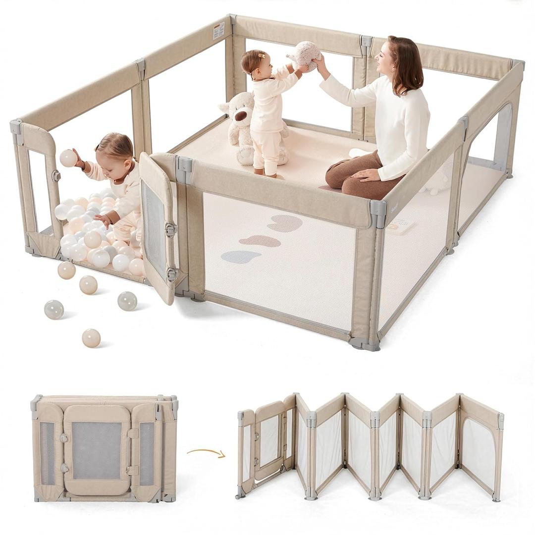 Sweeby Foldable Baby Playpen, 79x71 Playpens for Babies and Toddlers Large Play Yard with Door Baby Fence with Gate and Indoor & Outdoor Play Pen, Light Khaki