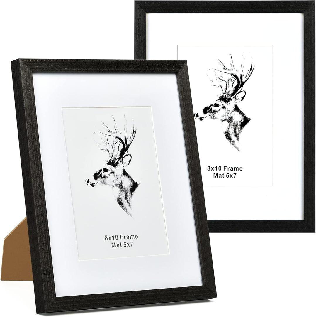 Yaetm 8x10 Black Picture Frame Set of 2, Solid Wood Photo Frames with Tempered Glass, Display 5x7 with Mat or 8x10 without Mat for Wall Mounting and Tabletop (2 Pack, Black)