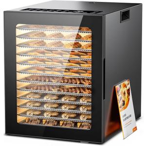 Food Dehydrator 12 Trays Stainless Steel - 850W Large Dryer for Jerky, Fruit, Meat, Herbs, Mushroom with Digital Timer & Glass Door
