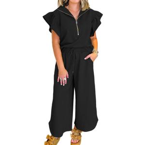 KevaMolly Womens Lounge Sets Black Textured Ruffled Sleeve Zipped Top and Wide Leg Pants Set Casual Daily Two Piece Sets M (M)