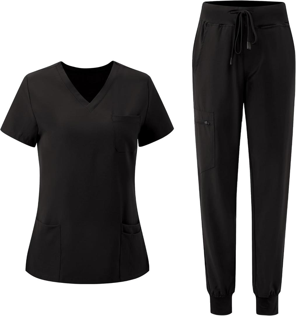 Scrubs for Women, V-Neck Scrubs Top & Cargo Pants with 10 Pockets (Black, XXL)