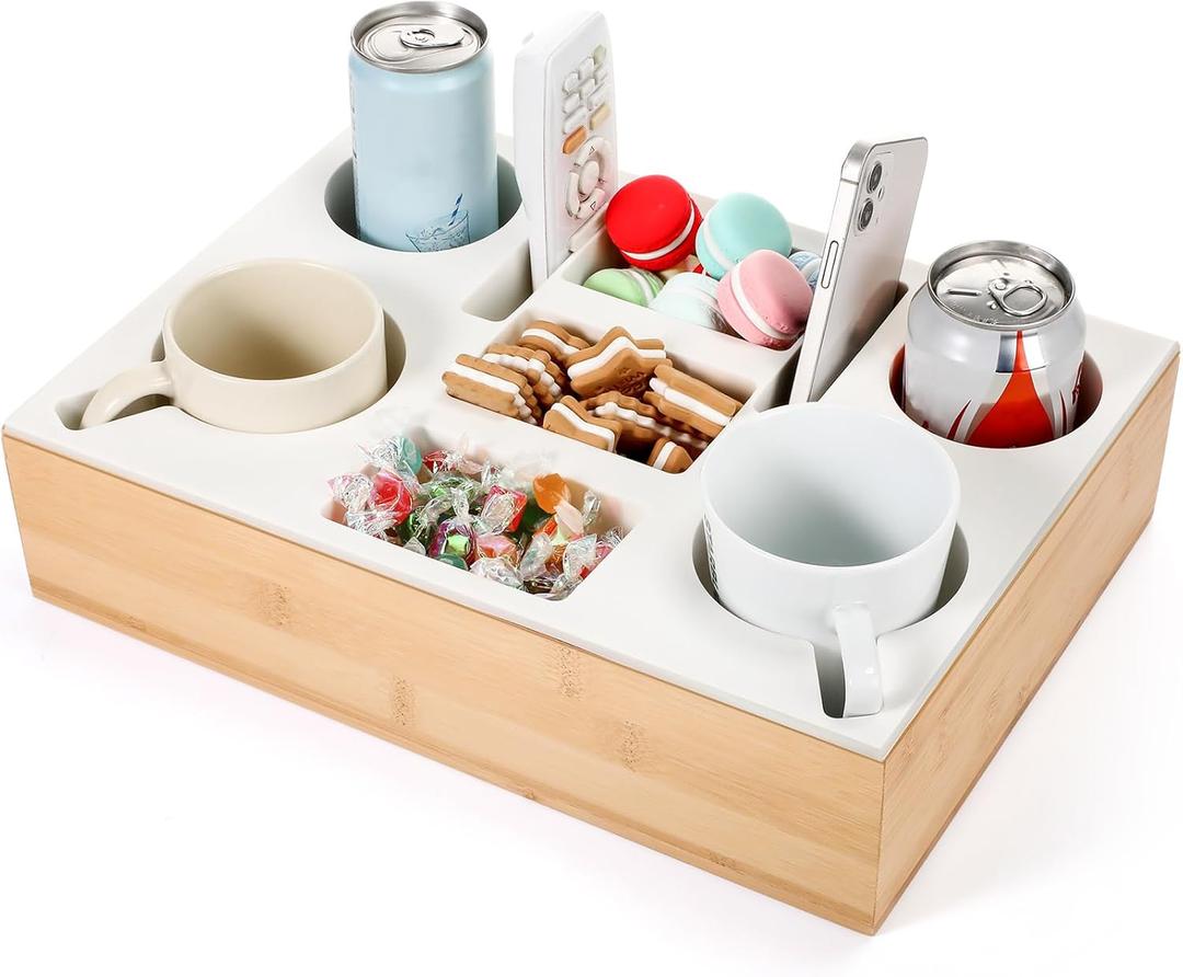 Yerliker Couch Cup Holder Tray, Silicone Couch Caddy Waterproof Anti-spill Sofa Cup Holder for Sofa Bed Car Seat Organizer, Christmas Hold Mugs, Drinks, Snacks, Phones, Remotes(White,Bamboo)