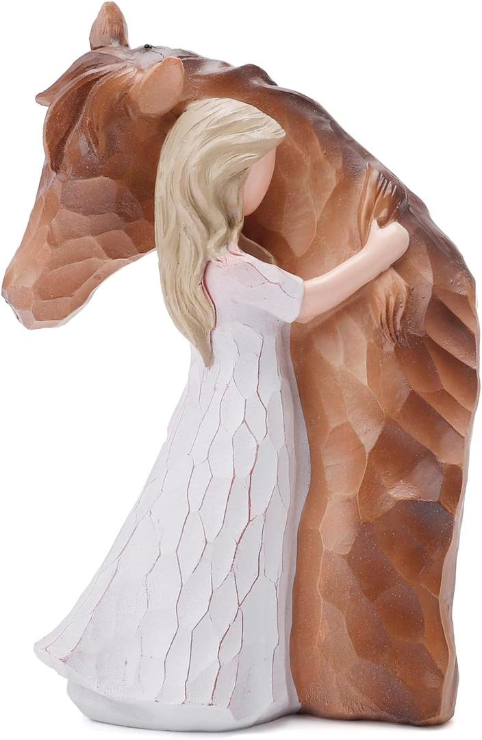 Truly a Friend Horses and Guardian Angel Statues, Sculpted Hand-Painted Girl Embracing Horse Figurines, Gifts for Horse Lover Cowgirls, Loss of Horse Remembrance Gifts, Birthday Christmas Horse Stuff