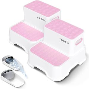 COOSEYA 2 Step Stools for Kids,Toddler Step Stool for Bathroom Sink,No-Slip Double up Stepping for Toddlers Bathroom, Multifunctional Toilet Potty Stool for Kids,Toilet Potty Training(2 Packs)Pink
