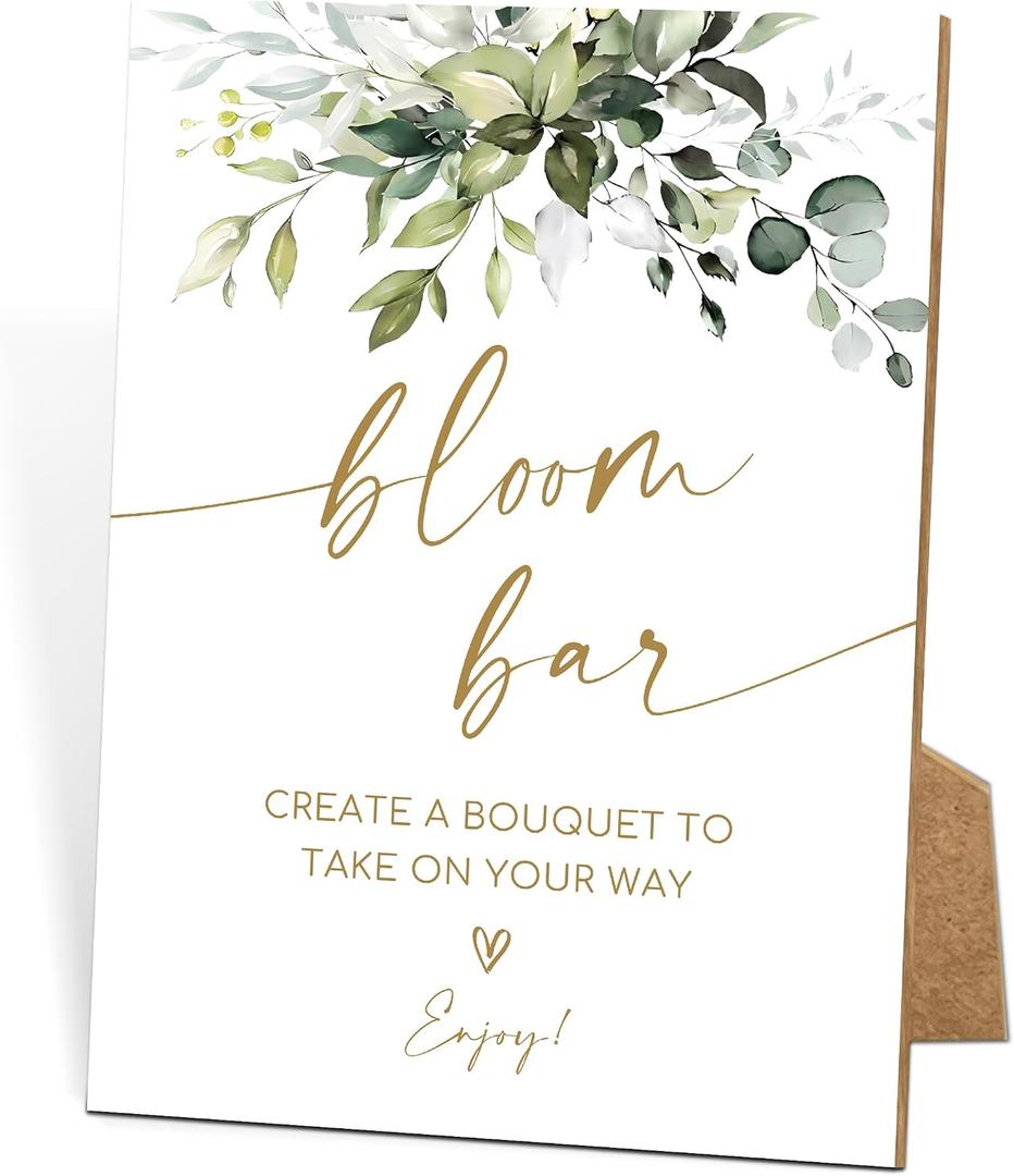 Bloom Bar Wooden Sign with Stand, Greenery Gold Bridal Shower Decorations, Wedding Signs for Ceremony and Reception, Wedding Table Decor, Engagement Party Decor, Bachelorette Party Favors, 15