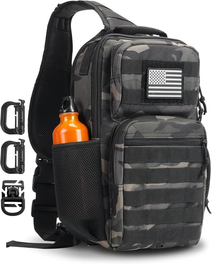 Rover Sling Pack Tactical Shoulder Sling Bag Backpack with Bottle Holder Crossbody Chest Bag, Black Camo (13L)
