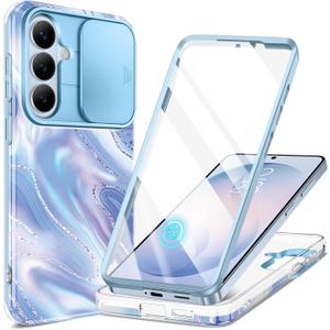 GVIEWIN for Samsung Galaxy S26 Plus Case,[Slide Camera Cover & Built-in Screen Protector] [Military-Grade Shockproof] Marble Rugged Full Body Protection Phone Case for S26+ Plus 6.7",Aurora/Azure Blue