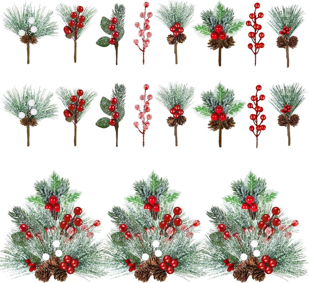 Christmas Decorations - 40 Packs Snow Artificial Christmas Picks Red Berry Stems Sprays Faux Cedar Holly Pine Needles Branches Christmas Tree Picks for Xmas Winter Holiday DIY Crafts Wreath Tree